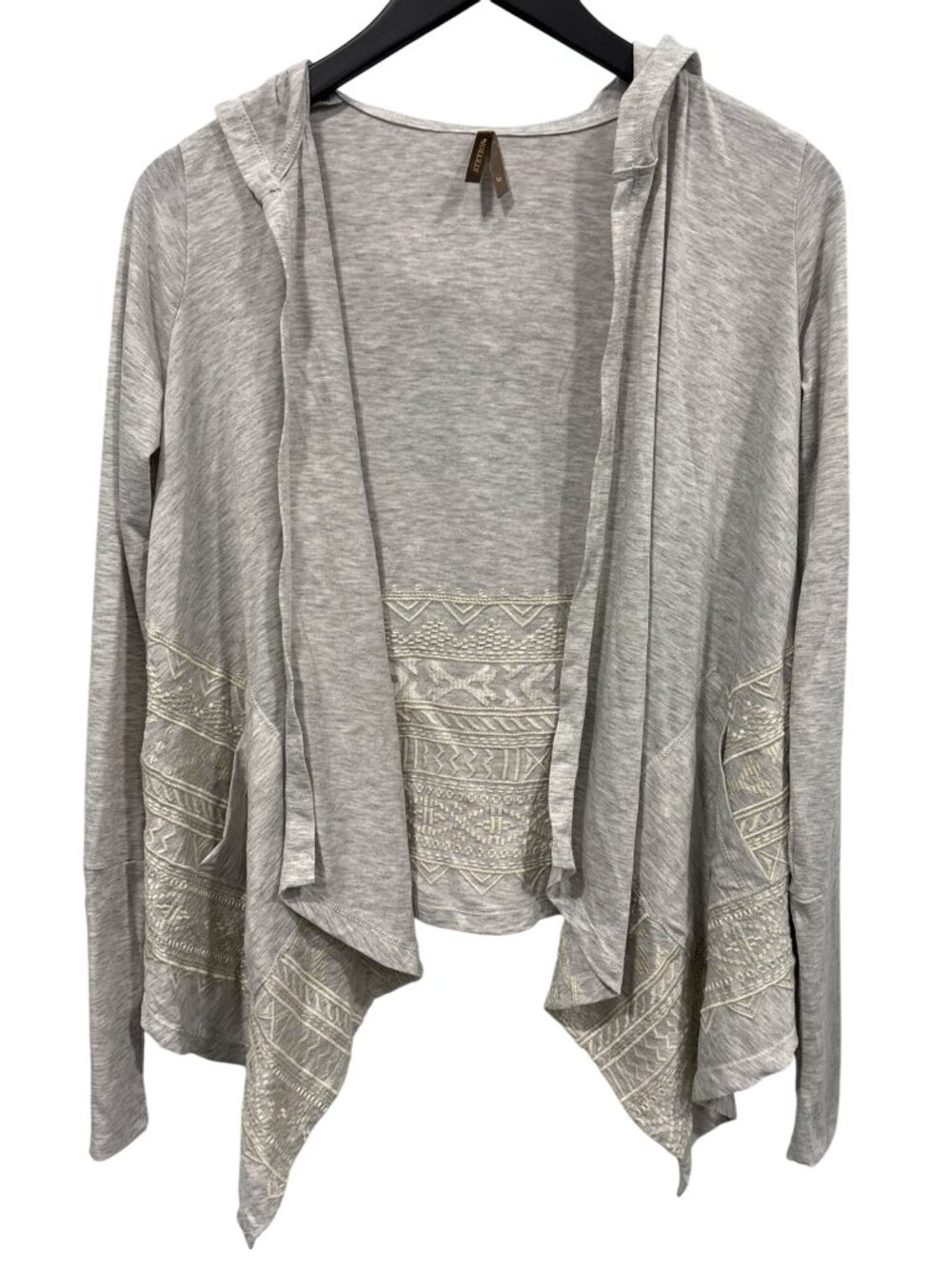 Stetson Cardigan Medium Embroidered Open Front Hooded Heather Gray Aztec Boho